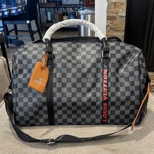 Gray and Black Damier Graphite Duffel with Red Logo